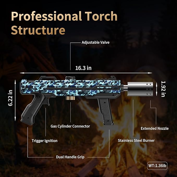 Propane Torch Gun, Adjustable Flame Blow Torch for Cooking, Powerful Grill Torch and BBQ Torch for Charcoal, Fire Torch for Searing Steak, Camping and Outdoor Use (Tank Not Included)
