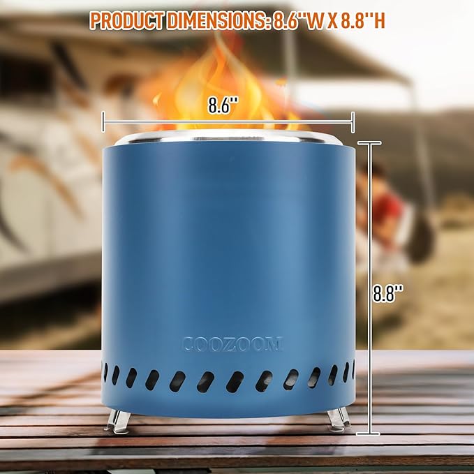 Portable Table Top Fire Pit with Stand, 8.6" Stainless Steel Mini Outdoor Low Smoke Burning Tabletop Firepit Fueled by Pellets or Wood, for Outside Camping Blue