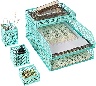 BLU MONACO | Aqua Desk Organizer Set for Women 6 Piece | Mail Sorter Organizer Countertop with Letter Sorter for Desk | Standing File Organizer with Mesh Pen Holders