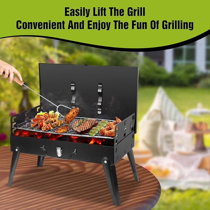 Portable Charcoal Grill, 16.7x10x17.7in Mini Foldable BBQ Suitcase Grill with Lid for Outdoor Camping, Picnics, Garden Grilling Cooking