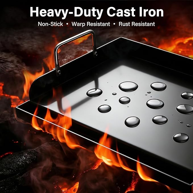 25" x 16" Nano-Ceramic Nonstick Cast Iron Griddle - 23lb Heavy Duty - Universal Flat Top with Grease Groove, Reinforced Ridges & High Sidewalls, for Gas/Charcoal Most Grill Brands