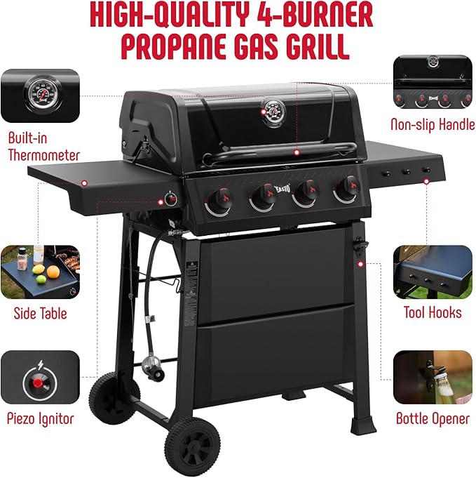 Feasto 4-Burner Propane Gas Grill, 36,000 BTU Outdoor Patio BBQ with Dual Side Tables, Porcelain-Enameled Cookbox & Porcelain-Enameled Cast-Iron Grates for Deck Parties & Patio BBQ, 559 Sq. In., Black