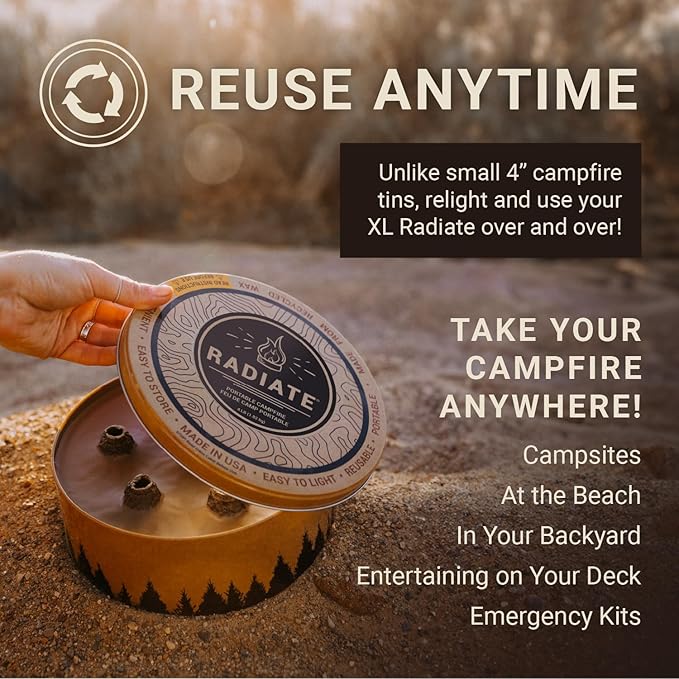 Radiate 2 Pack XL 8" Portable Campfire As Seen On Shark Tank - Up to 2 Hours of Burn Time, Reusable Travel Fire Pit for Camping, Patios & Beach Days - Great Alternative to a Real Fire - Made in USA
