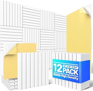 12 Pack Sound Proof Foam Panels for Walls, Acoustic Panels with Self-Adhesive 12" X 12" X 0.4" Slatted Soundproof Wall Panel, High Density Sound Absorbing Panel for Gaming Recoding Studio Decor-White