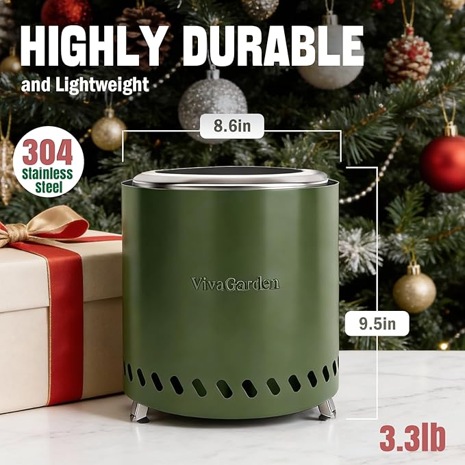 9.5 X 8.6 Inch Tabletop Fire Pit, VivaGarden Portable Firepit, Smokeless Table Top Firepit, Safe Burning Camping Stove, Fueled by Pellets or Wood, Forks, Mat & Travel Bag Included, Green