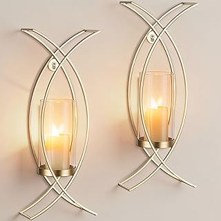 Candle Sconces Wall Decor Set of 2: Wall Hurricane Candle Holder Modern Metal Wall Mounted Gold Sconces Decorations for Living Room Bedroom Bathroom Hallway Outdoor