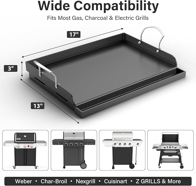 17"x13" Pre-Seasoned Nonstick Cast Iron Griddle for Gas Grill - Universal Flat Top with Grease Groove, Reinforced Ridges & High Sidewalls for Gas/Charcoal, Fits Weber, Charbroil