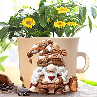 GUGUGO Coffee Cup Gnome Plant Pots, Cute Unique Flower Pots for Indoor Plants, Funky Small Planters with Drainage Holes, Eclectic Home Decor Aesthetic, Funny Gardening Planter for Couple Gift, Female