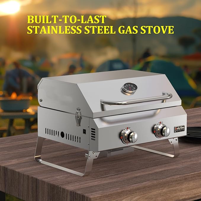 ONLYFIRE GRILLS Tabletop Gas Grill 2 Burners, 20" Portable Propane Grill with Foldable Legs for Outdoor Patio Backyard Camping Tailgating RV Trip Beach, Stainless Steel Gas Stove 16000BTU, GS322