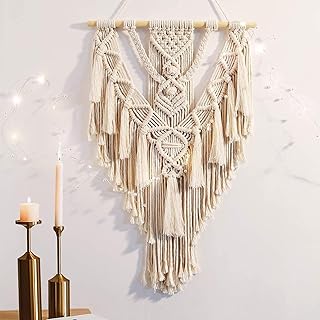 ANROYE Macrame Boho Wall Hanging Decor, Geometric Woven Tapestry Chic Cotton Handmade Bohemian Art with Long Tassel, Craft Ornament for Dorm Home Bedroom Western Room Decoration Gift for Women