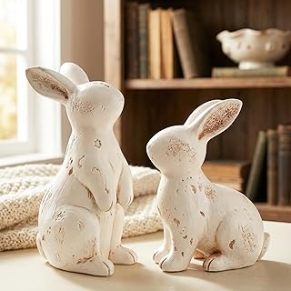 Vintage Easter Bunny Decor, Set of 2 Distressed White Resin Rabbit Figurines - Rustic Farmhouse Spring Decorations for Home, Mantel, Tabletop, Shelf, Tiered Tray, Gift Idea
