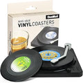 Funny Retro Record Coasters for Drinks with Vinyl Player Holder - Set of 6 Coaster White Elephant Gifts for Music Lovers, Conversation Piece Sayings,Housewarming Hostess Wedding Registry Gift Ideas