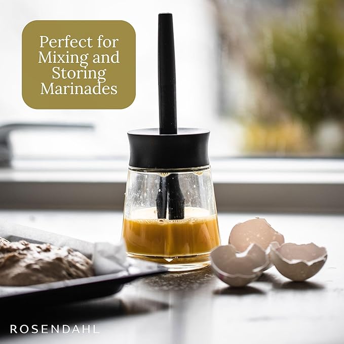 Rosendahl Grand Cru 8.1 in. Marinade Glass with Brush - Stylish Black Glass Jar with Flexible Lid and Soft-Touch Silicone Brush, Perfect for Mixing and Storing Marinades, Leak-Proof Kitchen Essential