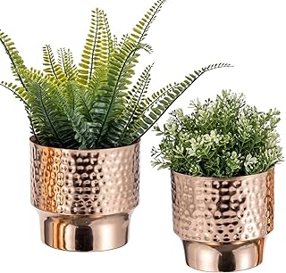 MyGift 5 and 6 Inch Modern Hammered Copper Tone Metal Planter Pots, Decorative Flower Pot Plant Container Centerpiece Décor, 2 Piece Set - Handcrafted in India