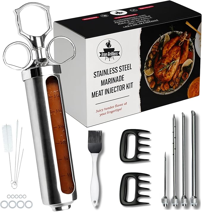Professional Meat Injector Marinade Syringe Kit for Smoking & Grilling Turkey & Brisket, Large 2 Oz Stainless Steel Visible Capacity, Never Leaks or Clogs - BBQ Gifts for Men - Built to Last Years