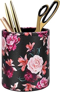 Pen Pencil Holder, WAVEYU Floral Flower Pattern Pen Cup Container PU Leather Desk Organizer Stand Decor Brush Scissor Holder Desk Organizer Decoration for Office Desk Home Decorative, Floral