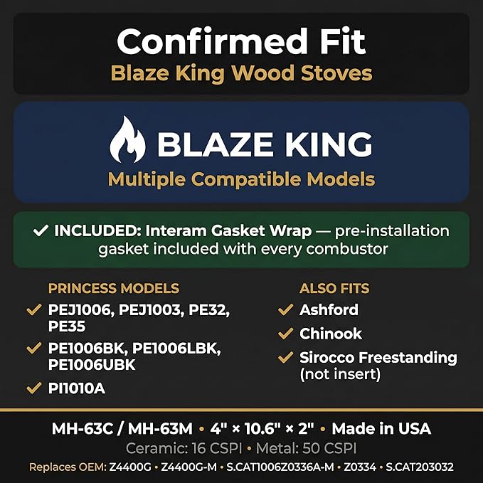 Midwest Hearth Wood Stove Catalytic Combustor Replacement Catalyst Blaze King Princess (4" x 10.6" 2" Metal) Made in USA