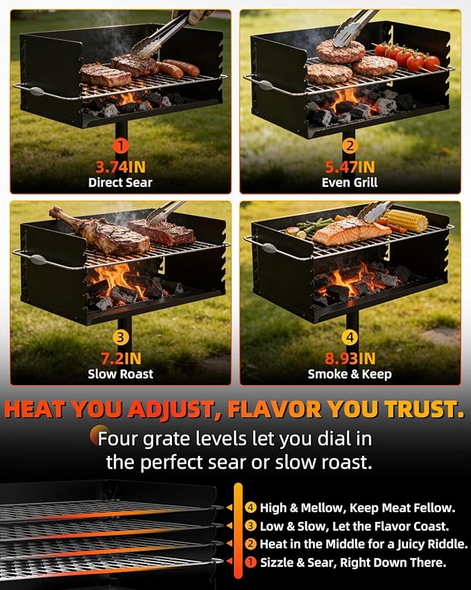 Charcoal Grill, Park Style Charcoal Grill, 30" x 17" Heavy Duty BBQ Grill Charcoal, Adjustable Single Post Barbeque Grill for Camping, Outdoor Cooking, Backyard, Patio, Camp Grilling Barbecues Cookout