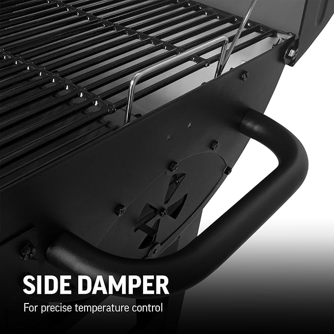 Char-Griller® Texas Trio 3-Burner Gas & Charcoal Grill and Smoker, Push Button to Ignite, Dual temperature Guages, Side Burner, Includes Side Firebox, 1,390 Cooking Square Inches, Black, Model# 3070
