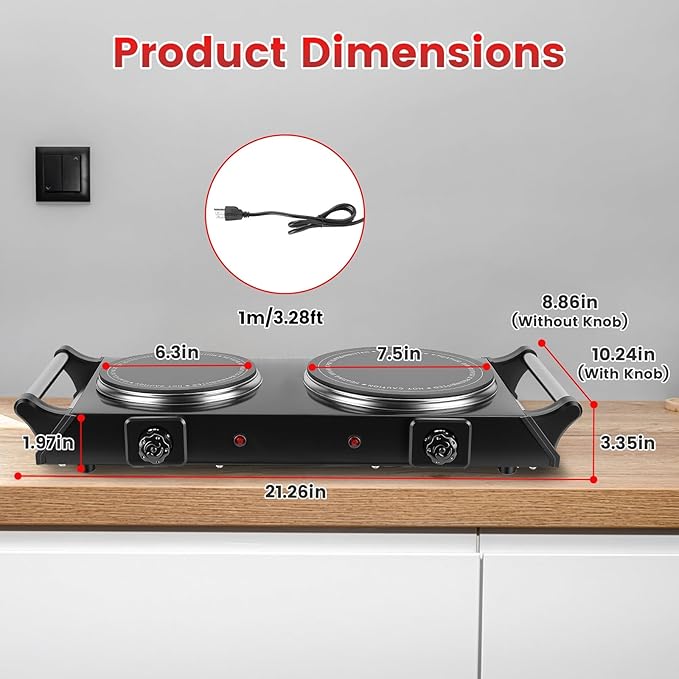 Electric Double Burner, Silicon Crystal Glass Hot Plate Cooktop with 5 Temperature Stepless Adjustments Portable Handles for RV/Home/Camp (Double Burner)