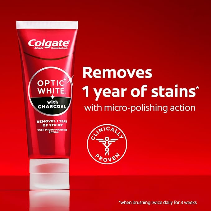 Colgate Optic White with Charcoal Teeth Whitening Toothpaste, Anticavity Toothpaste with Fluoride, Cool Mint Flavor, 3 Pack, 3.8 OZ