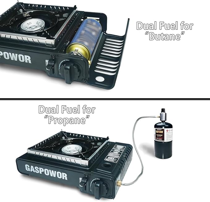 Propane or Butane Stove with Windblocker, 10,000 BTU Dual Fuel Propane Stove for Camping, Automatic Ignition Gas Portable Stove with Propane Adapter Hose Carrying Case for Outdoor (Fuel Not Included)