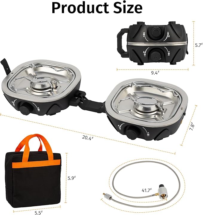 INFOOD Propane Camping Stove 20,000 BTU - Portable 2 Burner Gas Stove with Adjustable Flame Control, Piezo Ignition, Carry Bag & Propane Adapter Hose, Folding Design for Camp, BBQ, Tailgating, Black