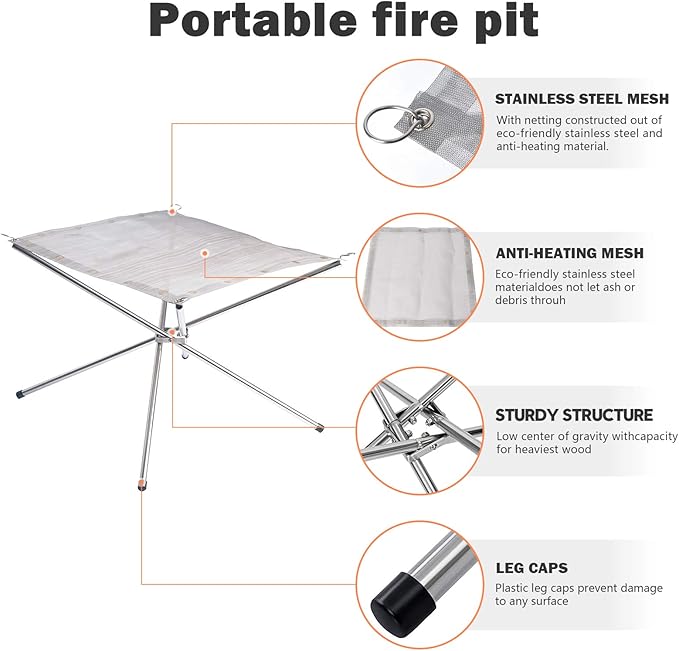 Portable Outdoor Fire Pit 16.5 Inch Upgrade Foldable Stainless Steel Mesh Fire Pit Wood Burning, Collapsible Fireplace Space Saving Perfect for Camping, Backyard, Patio, Garden (Carrying Bag Included)