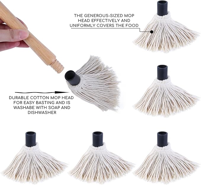 Donxote 18 Inch BBQ Mop Brush Set of 2, with 6 Extra Replacement Heads, Wooden Long Handle Cotton Head Mopping Basting Grill Sauce Perfect for Grilling Smoking Steak Marinade or Glazing