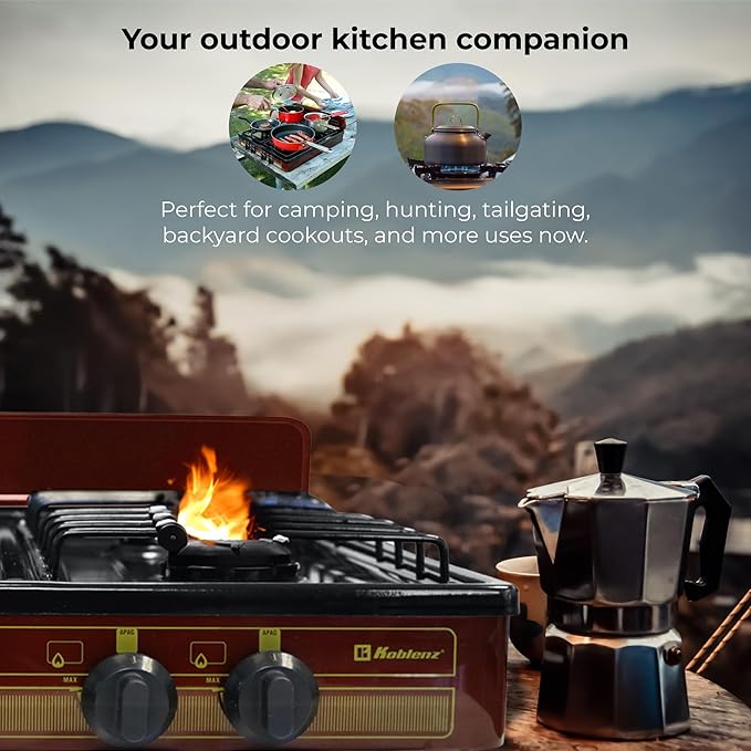 Koblenz Victoria PFK-400A 4 Burner Gas Stove, 16,000 BTU Portable Cooktop, Porcelain Cover, Manual Ignition, LP Gas, Outdoor Gas Stove for Camping, Tailgating, Cookouts, Bronze