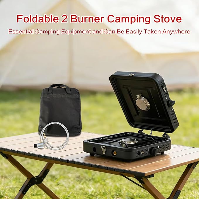 2 Burner Camping Stove,Portable Camp Stove with 17,000 BTU Adjustable Burners and Carrying Bag,Folding Camping Stove for Outdoor Cooking Backpacking BBQ Grill