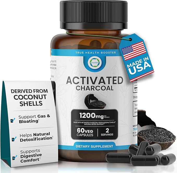 Activated Charcoal Capsules 1200 mg – Organic Activated Charcoal Pills Derived from Coconut Shells for Stomach & Digestive Support – Natural Detox & Bloating – Made in USA – 60 Capsules