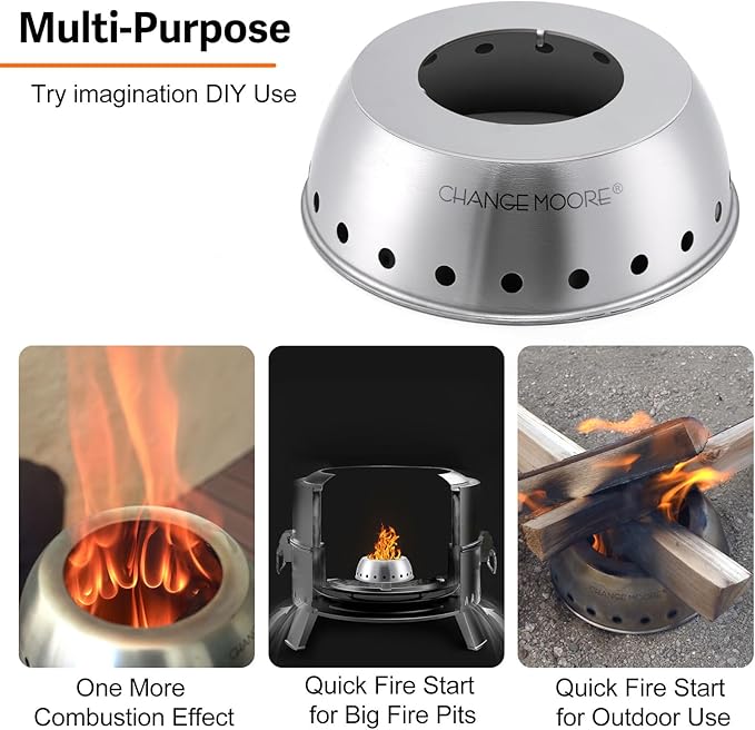 CHANGE MOORE 7'' Second Burning Smokeless Tabletop Fire Pit Cap Kit, Fire Start for Big Fire Pit or Outdooor Use, Compatible with Solo Stove Mesa XL, 201 Stainless Cap + Rack + Grill for 7'' Stove