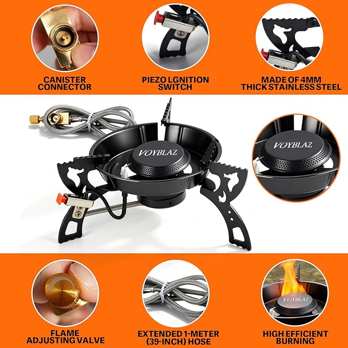 camping stove - made of 4mm carbon steel, featuring piezoelectric ignition and a 39-inch hose ideal for backpacking, hiking, and outdoor cooking