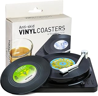 Funny Retro Record Coasters for Drinks with Vinyl Player Holder for Music Lovers,Set of 6 Conversation Piece Sayings Drink Coaster,Housewarming Hostess Wedding Registry Gift Ideas