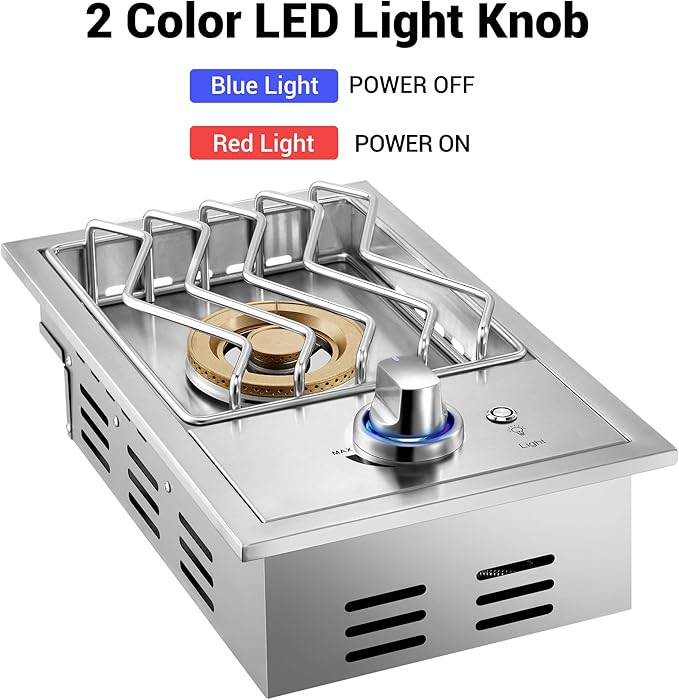 Single Grilling Side Burners for Outdoor Grill, 17,500BTU Natural Gas Side Burner with Liquid Propane Kit, Sturdy 304 Stainless Steel, Drop-in Side Burner for Outdoor Kitchen BBQ Island