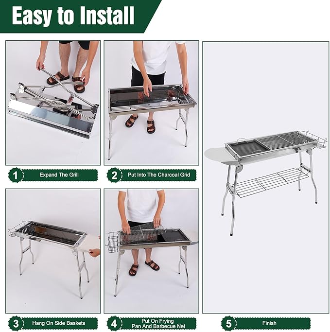 Portable Charcoal Grill, Folding Barbecue Grill with Storage Shelf, 39" x 13.39"x 27.56" Stainless Steel BBQ Smoker Barbecue Tool Kits for Outdoor Cooking Camping Hiking Picnics Backpacking (Large)