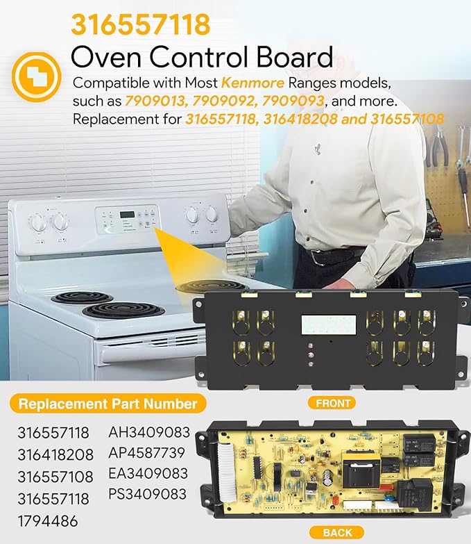316557118 Range Oven Control Board - Replacement for Kenmore Range Clock Timer 316418208 316557108, 120V, 60 Hz, Electronic Clock/Timer Display