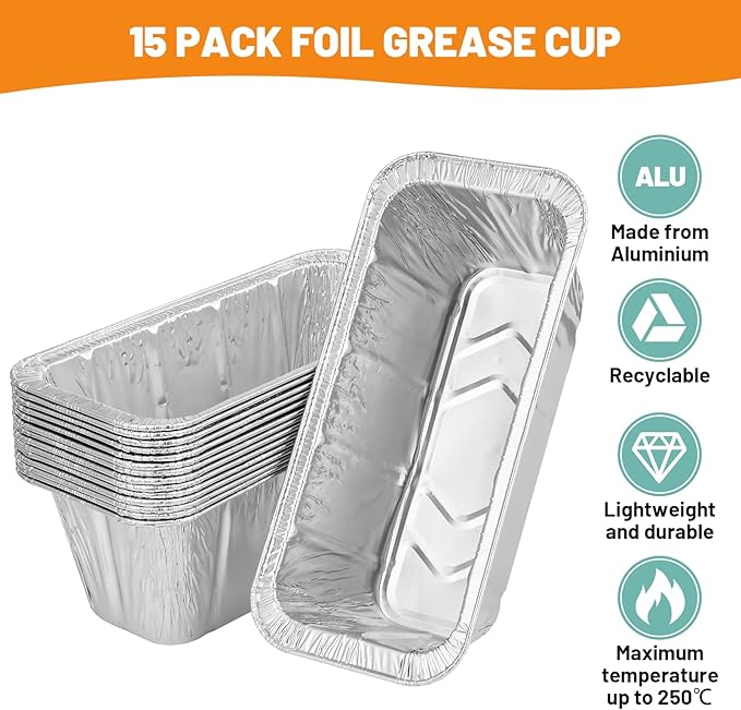 50-Pack Aluminum Foil Grill Drip Pan Grease Cup Liners Compatible with Blackstone Griddle (Griddle Grease Catcher+15Pcs Liners)