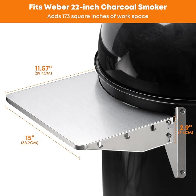 Stanbroil Stainless Steel Folding Side Table, Fits Weber 22" Charcoal Smoker, Grill Accessories to Add Storage Space
