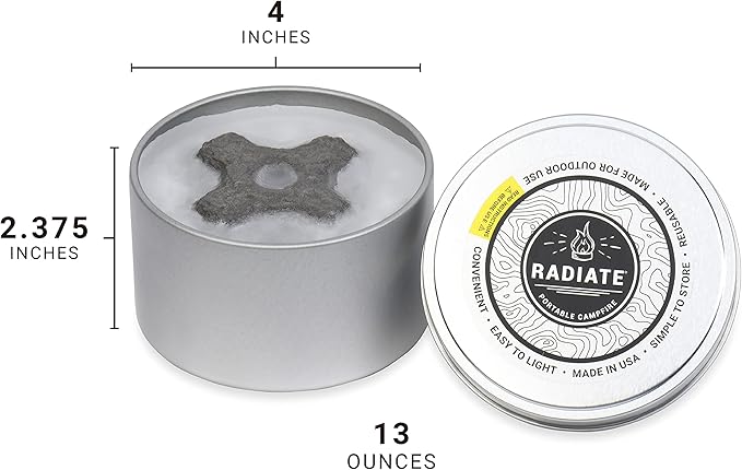 Radiate 2-Pack Portable Tabletop Firepit Campfire in a Can - 4" White Modern - 2 Hours Warmth & Burn Time - Soy Wax Portable Fire - Lightweight Camping Fire & Safe Tabletop Firepit