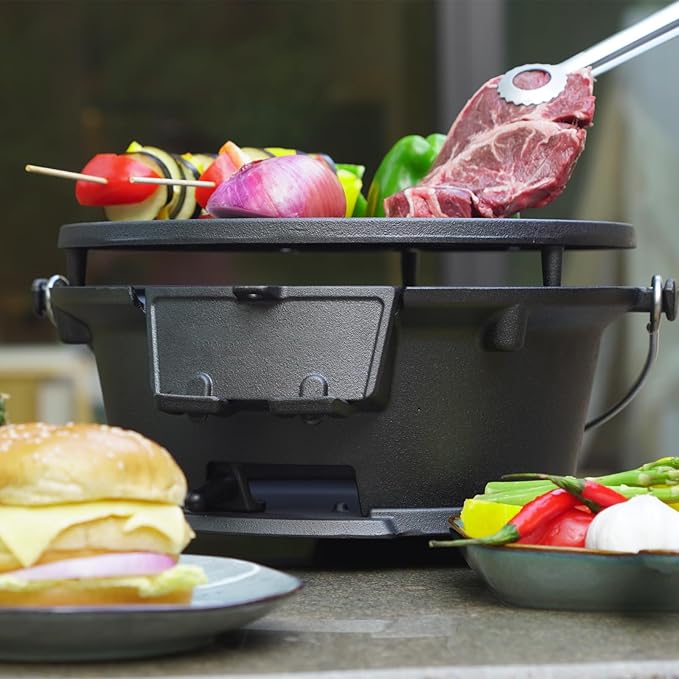 Round Mini Hibachi Grill Outdoor, Portable Small Charcoal Camping Barbecue Grill, 100% Cast Iron, Durable - Coal Door, Draft Door, Ideal for 2 People