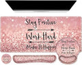 iCasso Mouse Pad,Large Pink Desk Mat Set, 4in1 XXL Mousepad + Keyboard Wrist Rest+Mouse Wrist Rest+Coaster with Ergonomic Desk Pad for Home Office Table Computer Cover -Pink Stay Positive