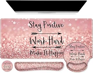 iCasso Mouse Pad,Large Pink Desk Mat Set, 4in1 XXL Mousepad + Keyboard Wrist Rest+Mouse Wrist Rest+Coaster with Ergonomic Desk Pad for Home Office Table Computer Cover -Pink Stay Positive