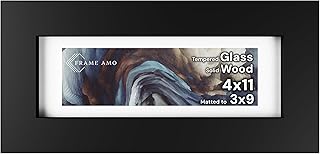 Frame Amo 4x11 Black Solid Wood Picture Frame, White Mat for 3x9 Image, Tempered Glass Front, 1.5 inch Wide, 1 inch Thick, High-End, Heavy-Duty, Gallery Grade & Acid-Free