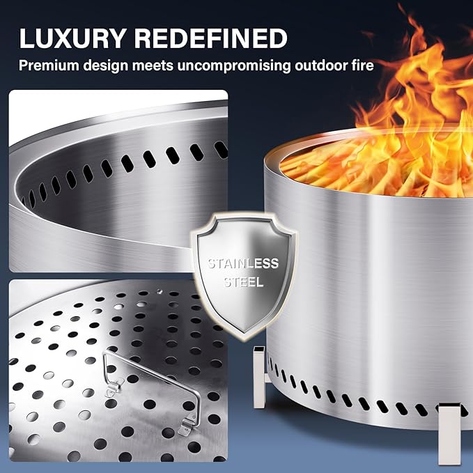 HGD 27.5" Smokeless Fire Pit Outdoor, Large Stainless Steel Wood Burning Firepit with Secondary Combustion, Backyard Patio Stove for Garden, BBQ & Bonfire