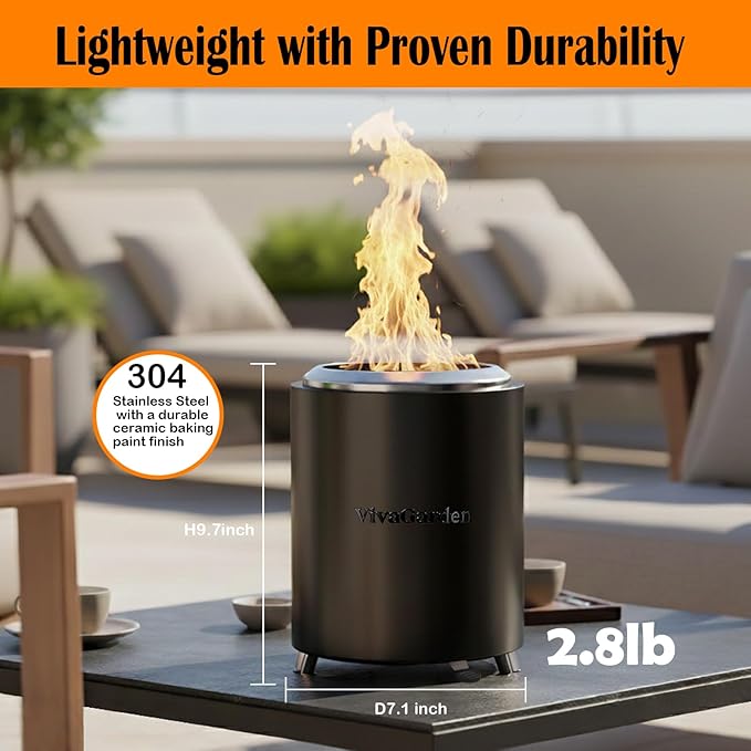 Portable Tabletop Fire Pit, VivaGarden Smokeless Table Top Fire Pit, Wood Burning & Pellets Outdoor Camping Stove with Carry Bag, Forks and Mat (9.7x7.1 Inch, Black)