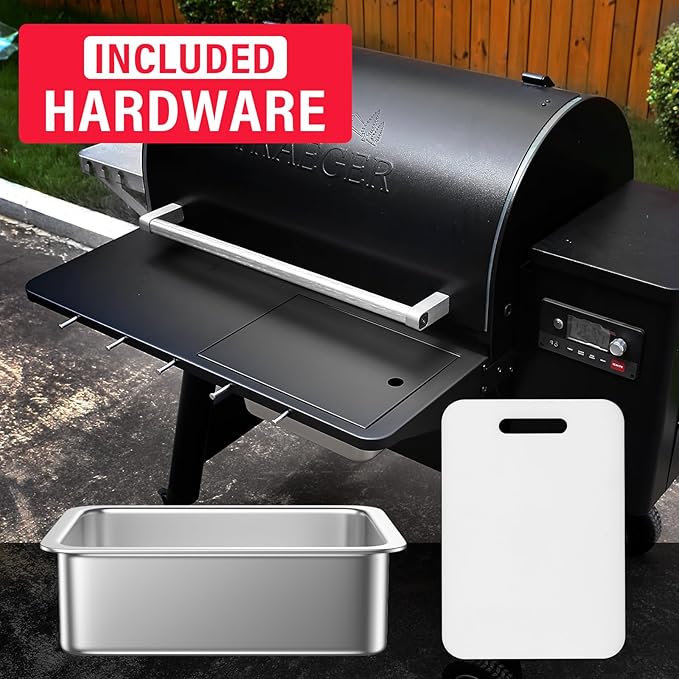 Utheer Upgraded Folding Front Shelf for Traeger Pro 780 and Ironwood 885 Pellet Grills, 32.5"x11.5" Heavy-Duty BBQ Prep Table with Cutting Board, Basin, 5 Hooks, 60-LB Load Steel Folding Grill Shelf
