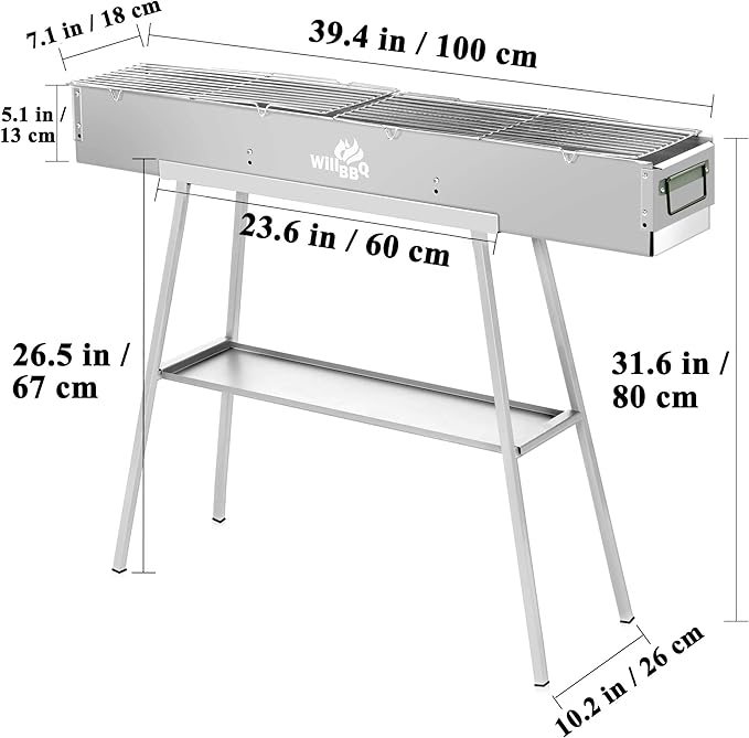WILLBBQ Charcoal Grills Commercial Quality Portable Hibachi BBQ Lamb Skewer Detachable‌ Camping Barbecue Grill for Backyard Outdoor Cooking Use(39.4x7.1x5.1 inch)
