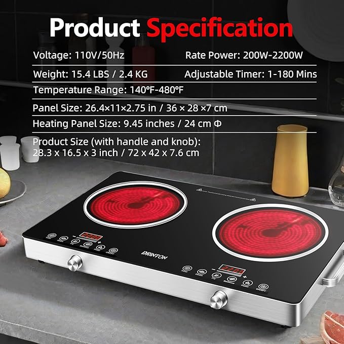 2 Burner Electric Cooktop, 2200W+2200W 110V Electric Double Burner with 3H Timer, Adjustable Temperature for Countertop Cooking, Portable Stove Top Infrared Cooker, Compatible for All Cookware